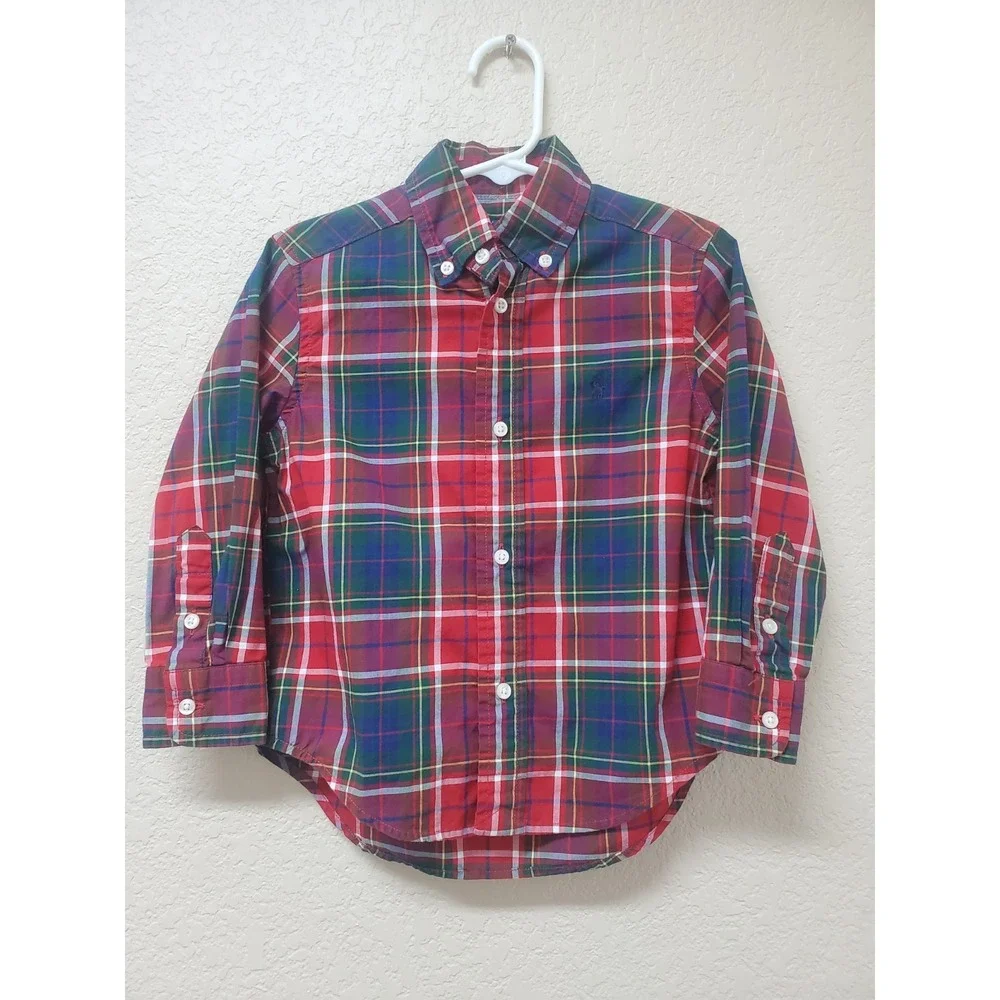 Polo Ralph Lauren Toddler Boy Plaid Button Down Shirt 2T Red Green Holiday Xmas
